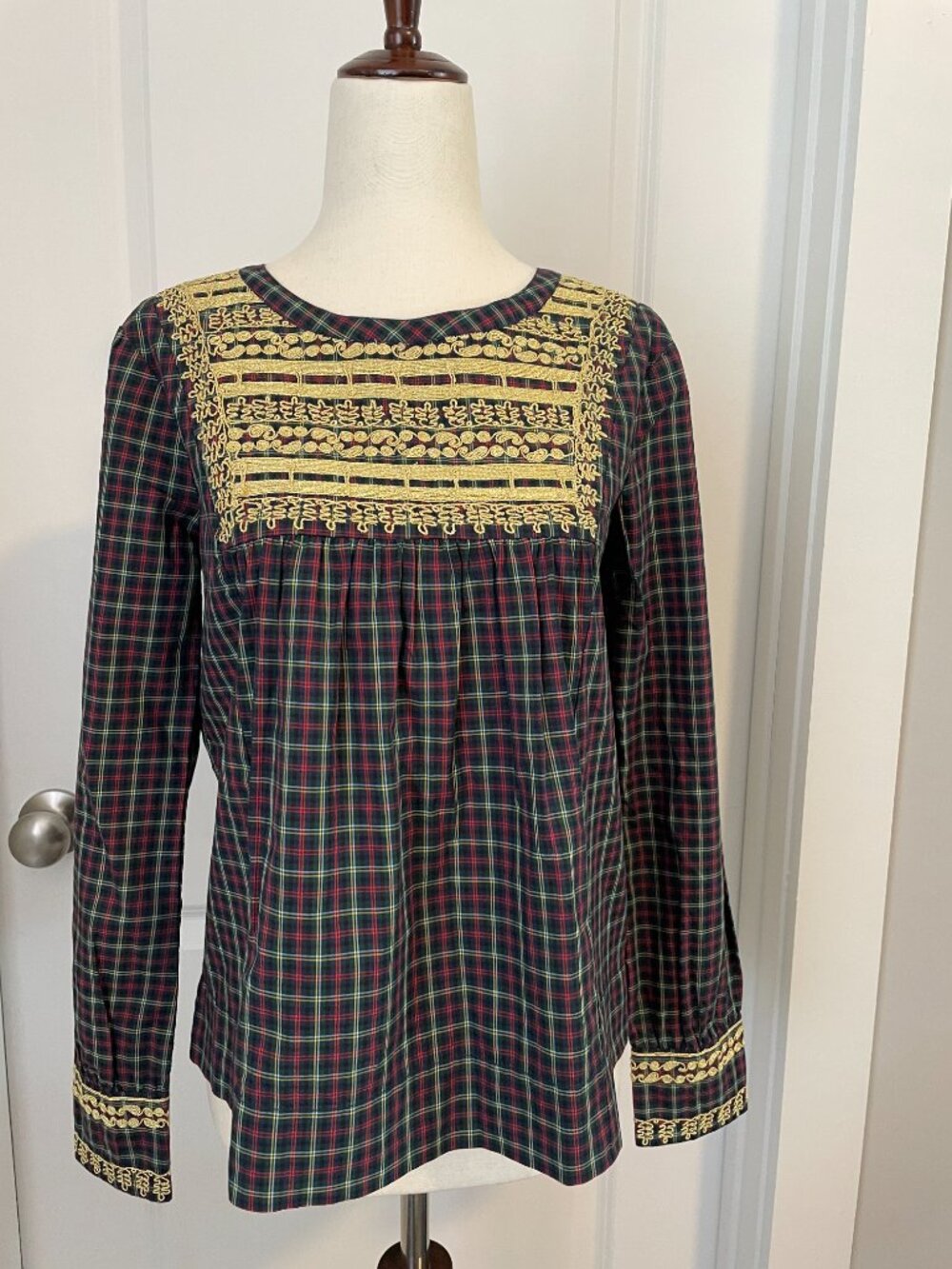 J.Crew Holiday Plaid Peasant Blouse Gold Embroidered Womens XXS